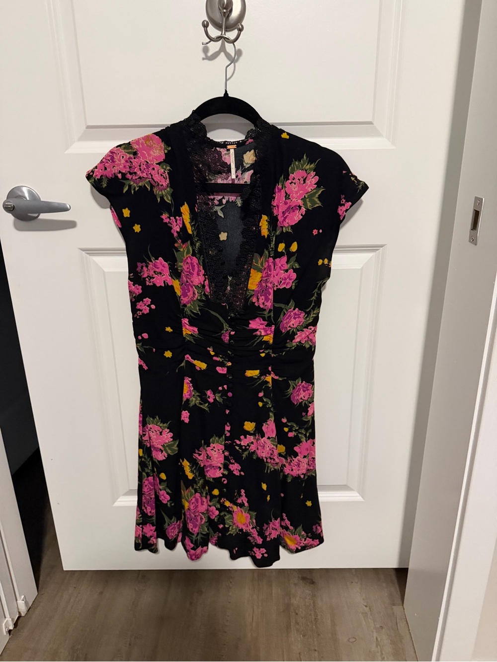 Free People Black Floral V-Neck Dress with Pink & Yellow Accents